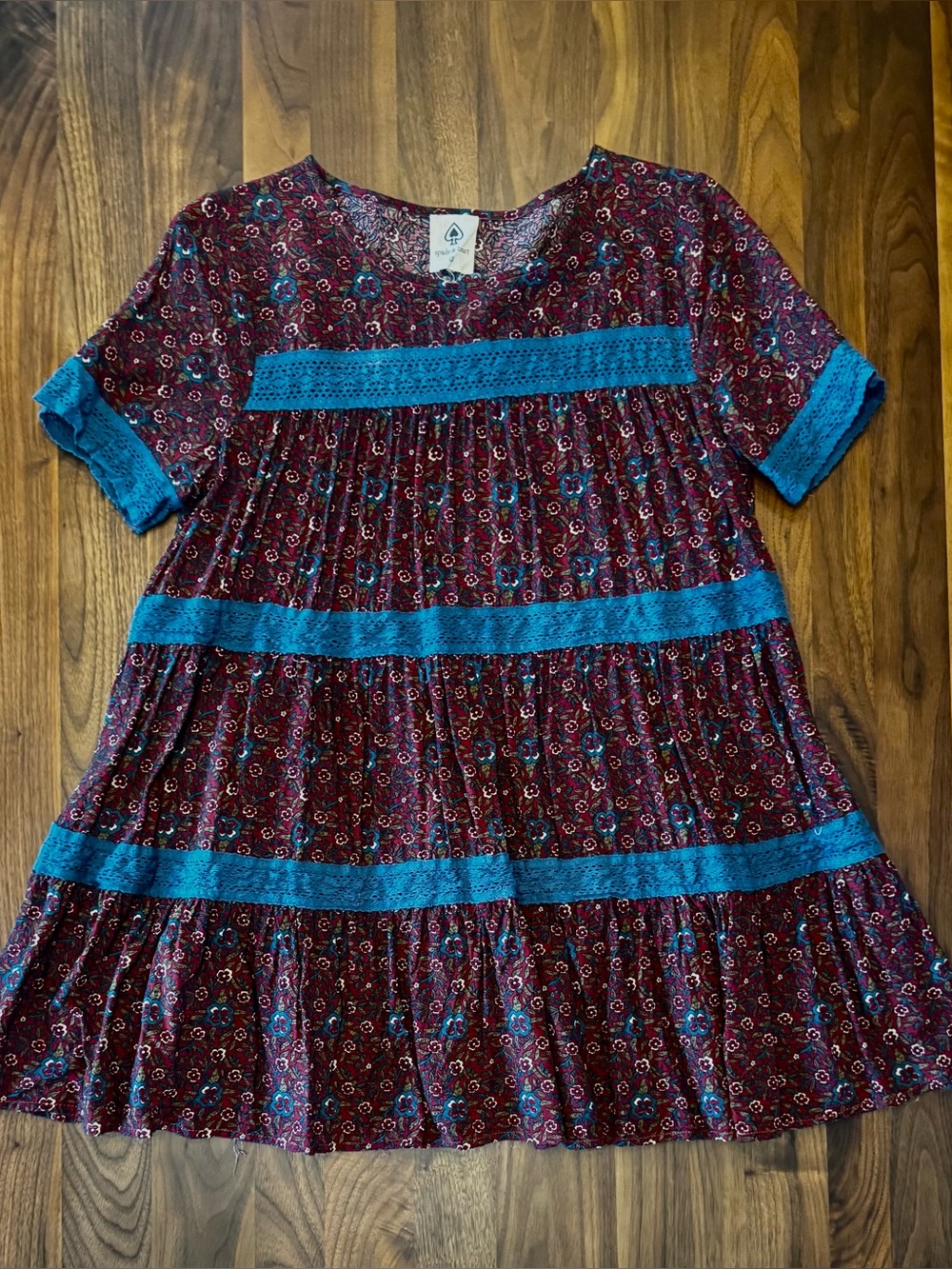 Girls Burgundy Floral Tiered Dress with Teal Trim